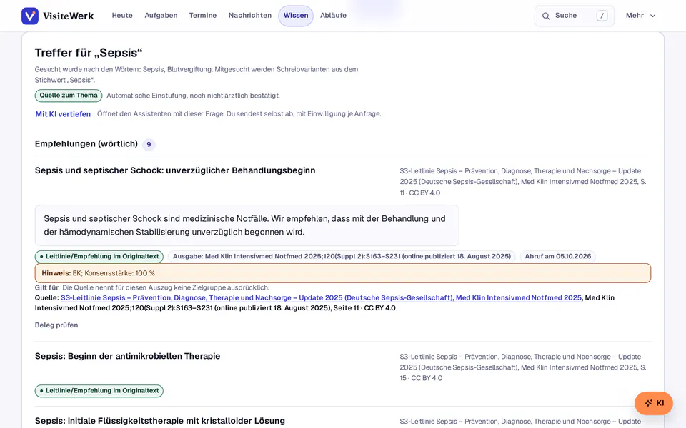 Ablauf: Notdienst-Suche nach Sepsis: Treffer mit wörtlichem Zitat aus einer Leitlinie, Quelle, Lizenz und der Schaltfläche „Mit KI vertiefen“.
