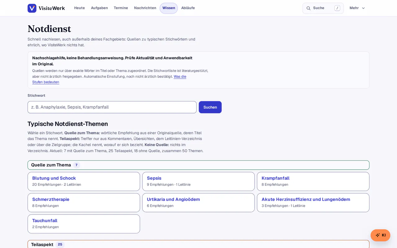Notdienst-Seite mit Hinweis, Stichwortsuche und Stichwort-Kacheln. Aufnahme mit Beispieldaten.